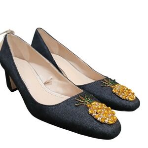 Zara Woman Denim Pineapple Rhinestone Block Heel Pumps Indigo Blue Size 8.5